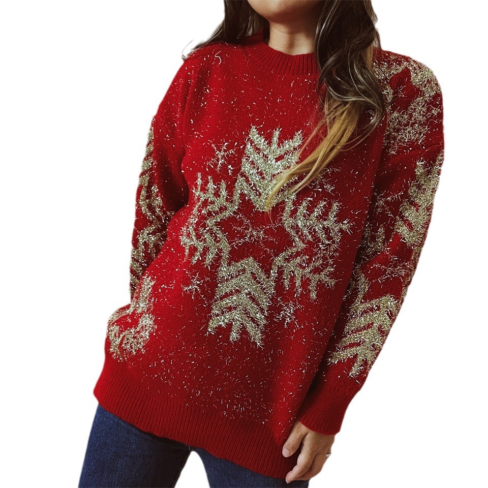 Women's Clothing Autumn and Winter Loose Gold Thread Big Snowflake Christmas Sweater Round Neck Long Sleeve Thick Pullover Women_voghion.com