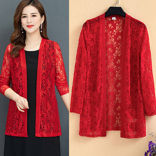 Women's Fashion Spring and Summer Large Size Medium Lace Cardigan Long Sleeve Clothesline Air Conditioning Shirt Thin Top