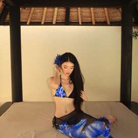 新款ins风性感复古印花热带海岛度假裙分体绑带沙滩三件套比基尼