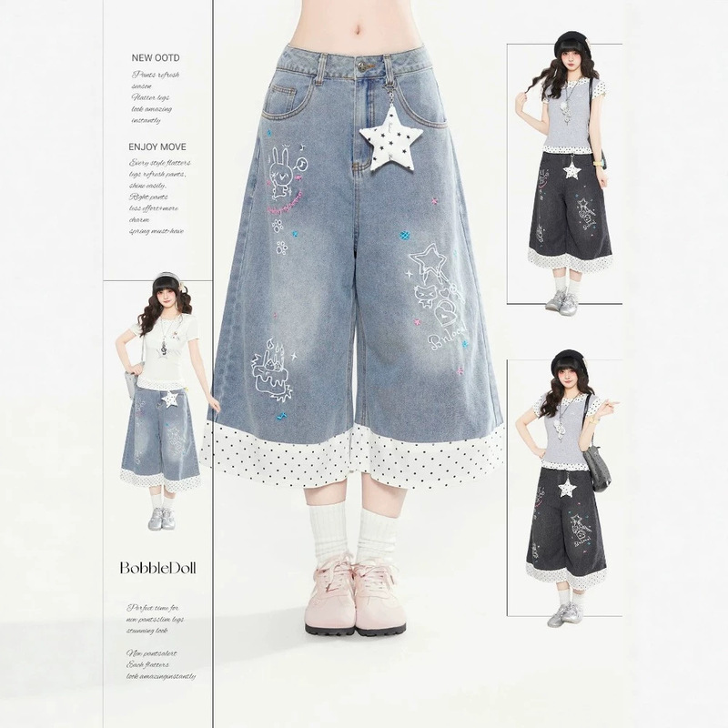 Polka Dot Jeans for Women in Summer with Contrasting Color Stitching, Unique and High-End Style, Trendy Casual Wide-Leg Cropped Pants Polka Dot Jeans for Women in Summer with Contrasting Color Stitching, Unique and High-End Style, Trendy Casual Wide-Leg Cropped Pants