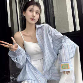 蓝条纹polo领长袖衬衫女薄款春秋季慵懒风宽松防晒衬衣中长款上衣