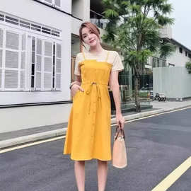 含棉胖妹妹大码女装夏季新款假两件连衣裙胖mm中长款收腰显瘦裙子