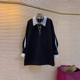 大码300斤胖MM春秋季减龄条纹拼接宽松显瘦中长款卫衣上衣女