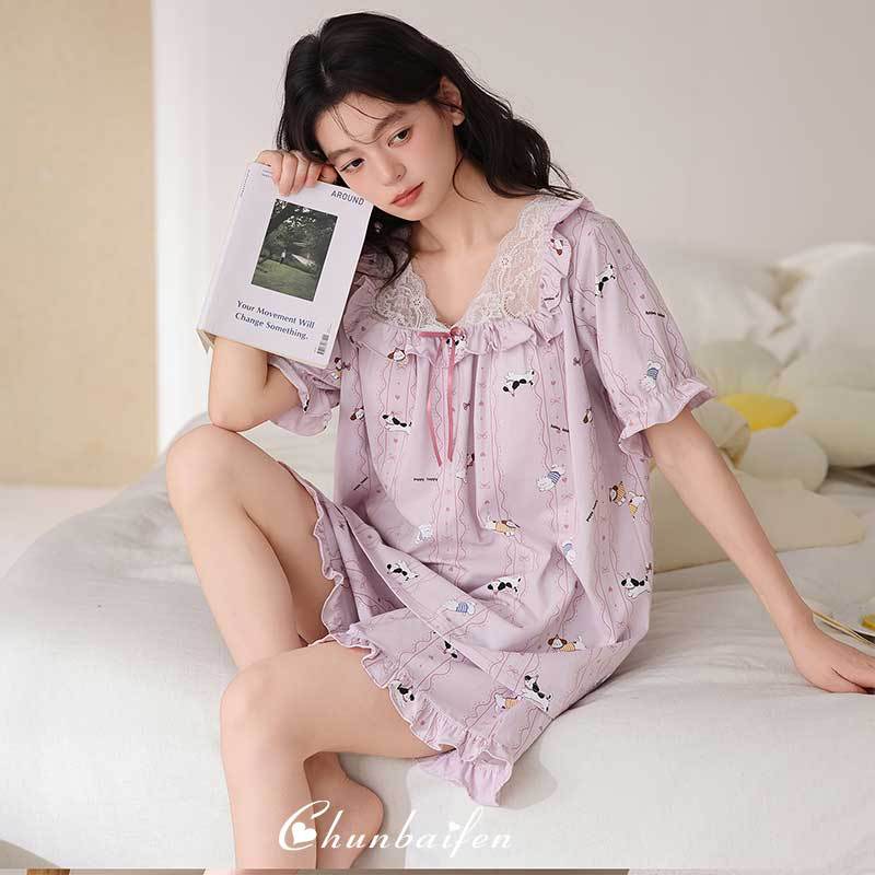 夏季薄款宽松纯棉短袖短裤睡衣女款甜美公主风蕾丝花边家居服套装