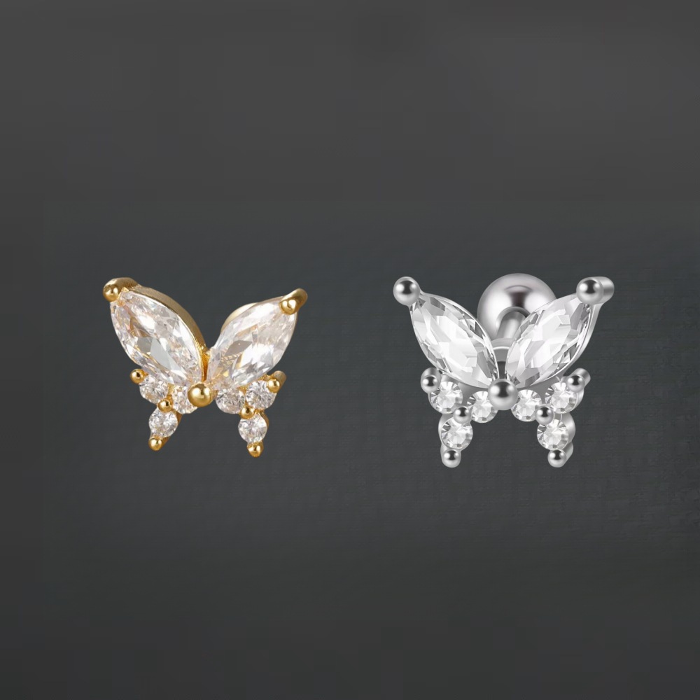 Classic Butterfly Diamond Stud Ear Nail Screw Piercing Earring Women's Fashion 18K Gold Plated detail image 8