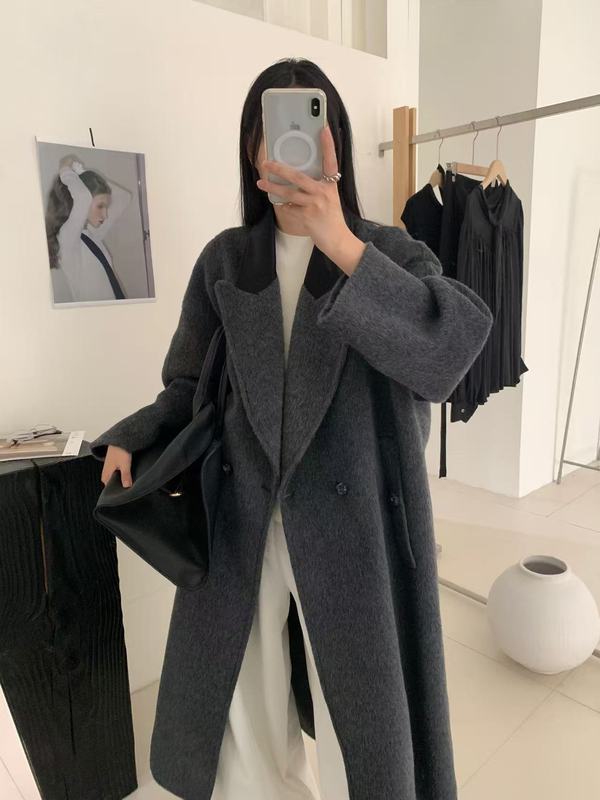 秋冬新款双面羊绒大衣女2025韩版长款拼色领修身大衣女双面羊绒|undefined
