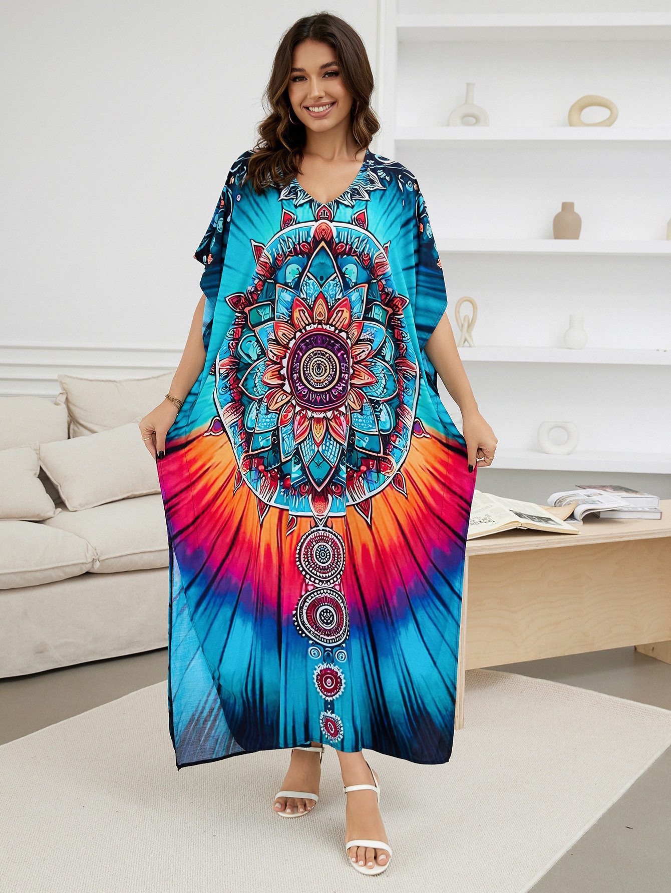 Rochie de plajă lungă kimono dama boho viscoză tie-dye_voghion.com