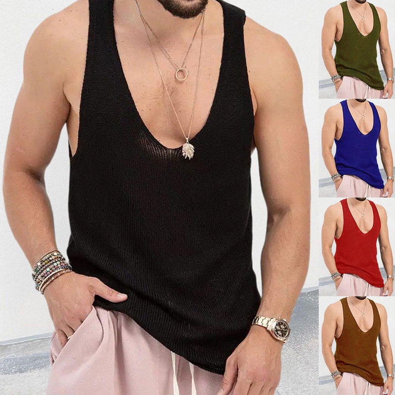 European and American Muscular Men's Sweater Vest 2025 Summer New Loose V Neck Knitted Vest Cross-Border Amazon Men's Clothing
