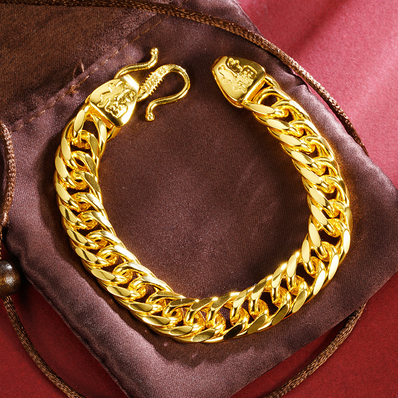 Cross-Border Vietnamese Alluvial Gold Cuban Double Buckle Boss Bracelet for Men and Women, Long-Lasting Non-Fading Roman Titanium Steel Jewelry Wholesale