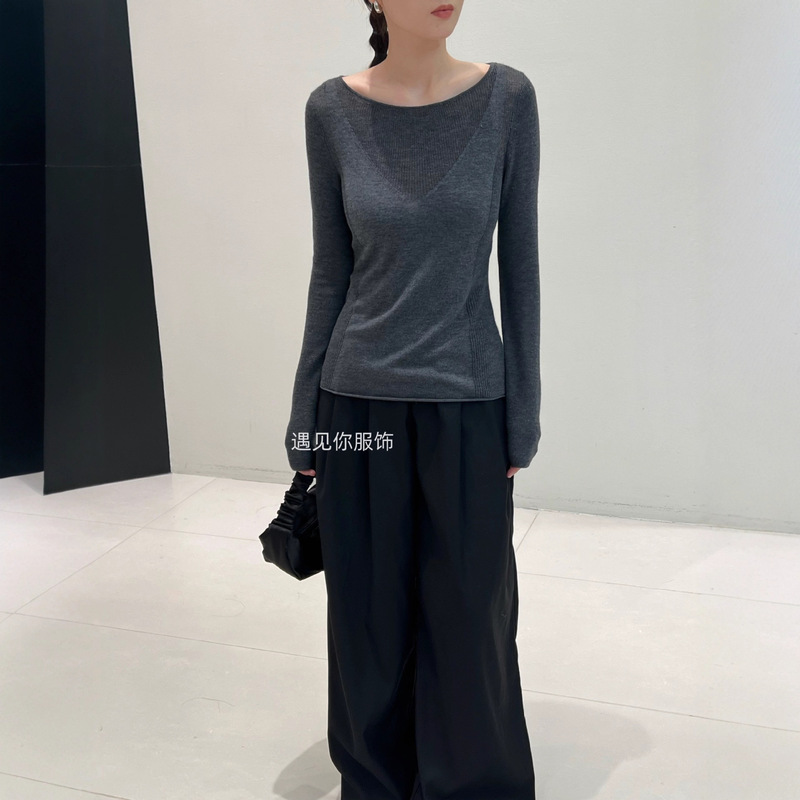 Early Autumn New Style One-Line Collar Pullover Slightly See-Through Knitwear Women's Wool Long-Sleeved T-Shirt Bottoming Shirt Thin Top 2462