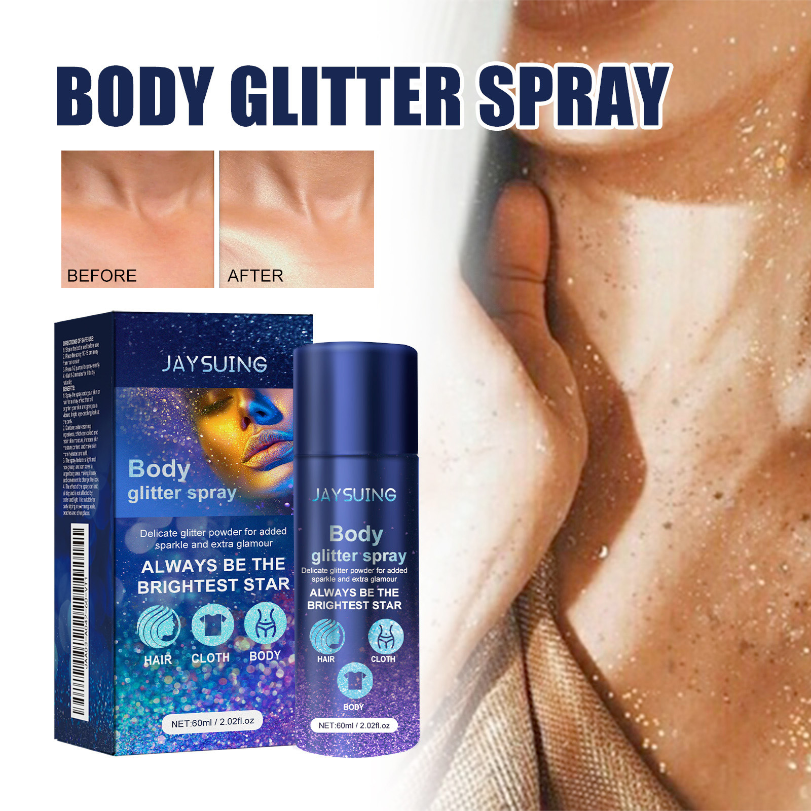 Jaysuing Glitter Spray Face Body Collarbone Hair Highlight Spray Party Atmosphere Brightening Glitter