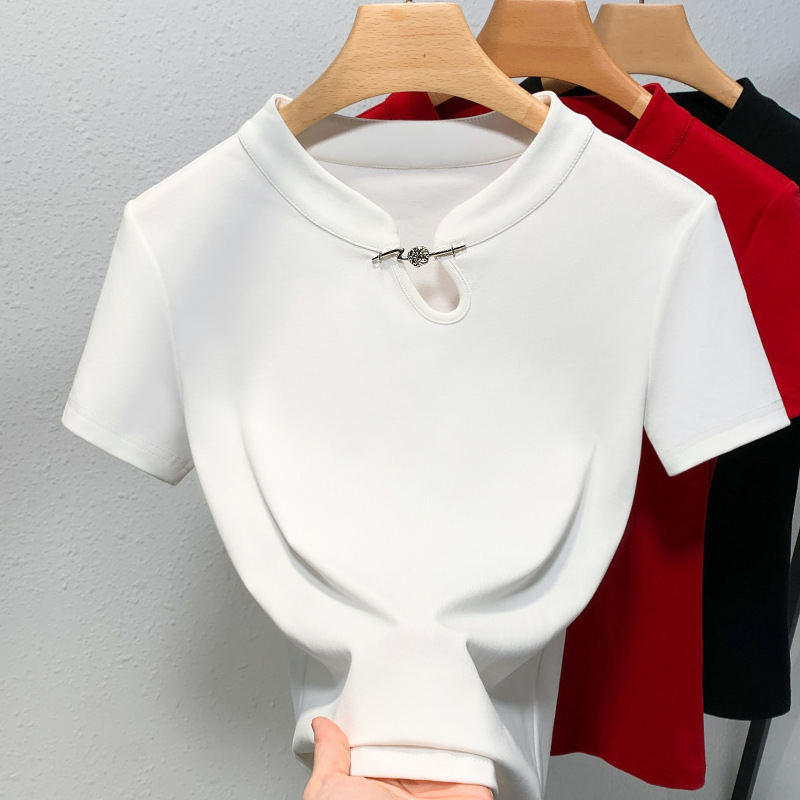 Camiseta de manga corta de cuello vertical mujer 2024 camiseta de algodón sólido diseño de estilo chino nueva chaqueta de verano de mujer china image 3