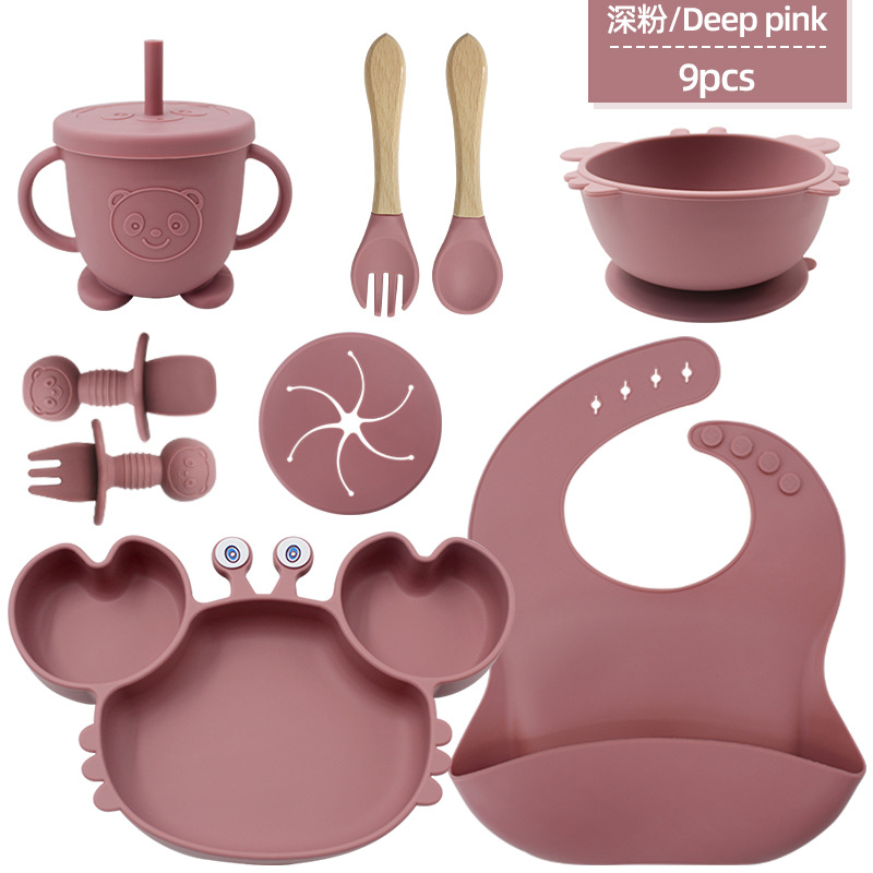 cubiertos de silicona para niños, platos de alimentación para bebés, cucharas de cangrejo, cuchillas de tenedor, bacon de nueve piezas, cubiertos de dibujos animados para bebés