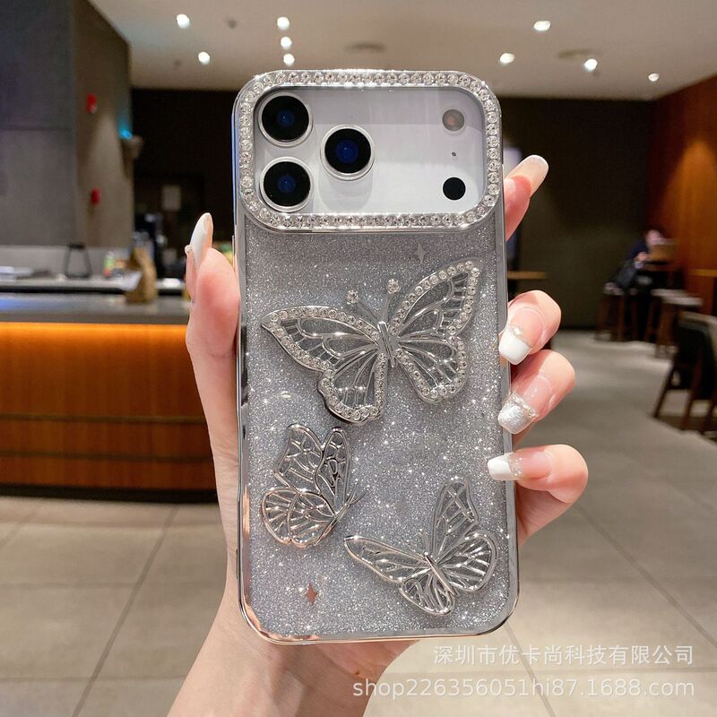 iPhone17promax電気メッキ携帯電話ケース立体バタフライフラッシュダイヤモンドApple 16グラデーショングリッター保護カバーに適しています。|undefined