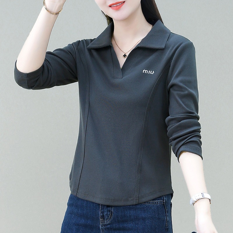 [92% Cotton, 8% Spandex] Women's Age-Reducing, Slim Fit, Versatile, Simple, Casual, Long Collar Top for Autumn.