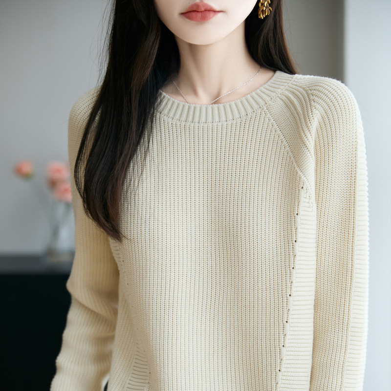 100% Cotton Round Neck Sweater for Women, Pullover Knitwear, 2026 Autumn and Winter Inner Wear, Raglan Base Shirt, Long-Sleeved Top