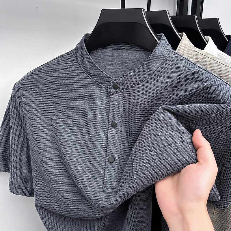 New Chinese-Style Stand-Up Collar Simple Short-Sleeve T-Shirt for Middle-Aged and Elderly Men, Summer Solid Color Casual Pocket T-Shirt, Dad's Outfit