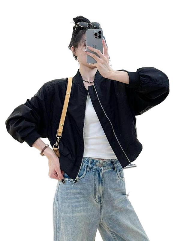 早秋女短款百搭休闲夹克上衣小个子简约时尚立领棒球服运动外套潮|undefined