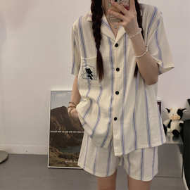云朵棉双短条纹舒适宽松休闲家居服套装
