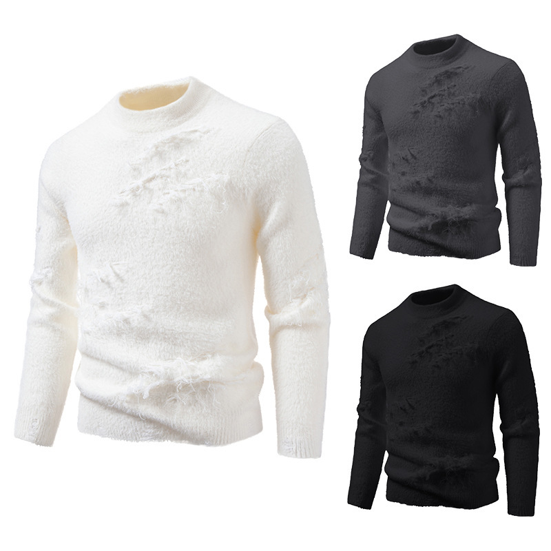 2026 Autumn/Winter Men's Half-Turtleneck Faux Mink Distressed Sweater with Trendy Brushed Texture and Long Sleeves Pullover Knit