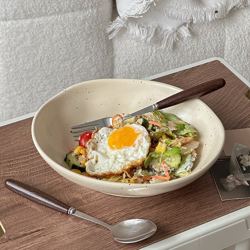 Ins-Style Ceramic Salad Bowl for Home Use, Large Capacity Pasta Plate, Light Food Bowl, Microwave-Safe, Matte Deep Dish
