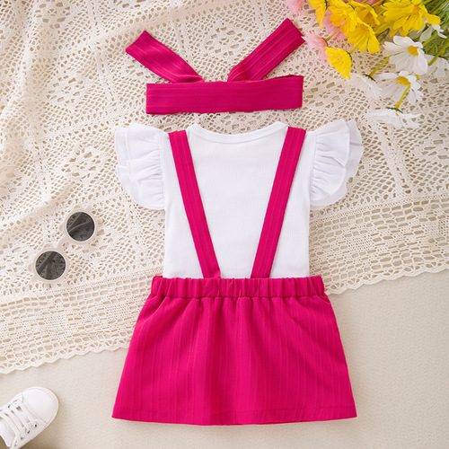 Baby Girl Set Toddler Short Sleeve Top Bodysuit Pants Accessory Three Piece Striped Fly Sleeve T-Shirt Camisole Dress Outfit