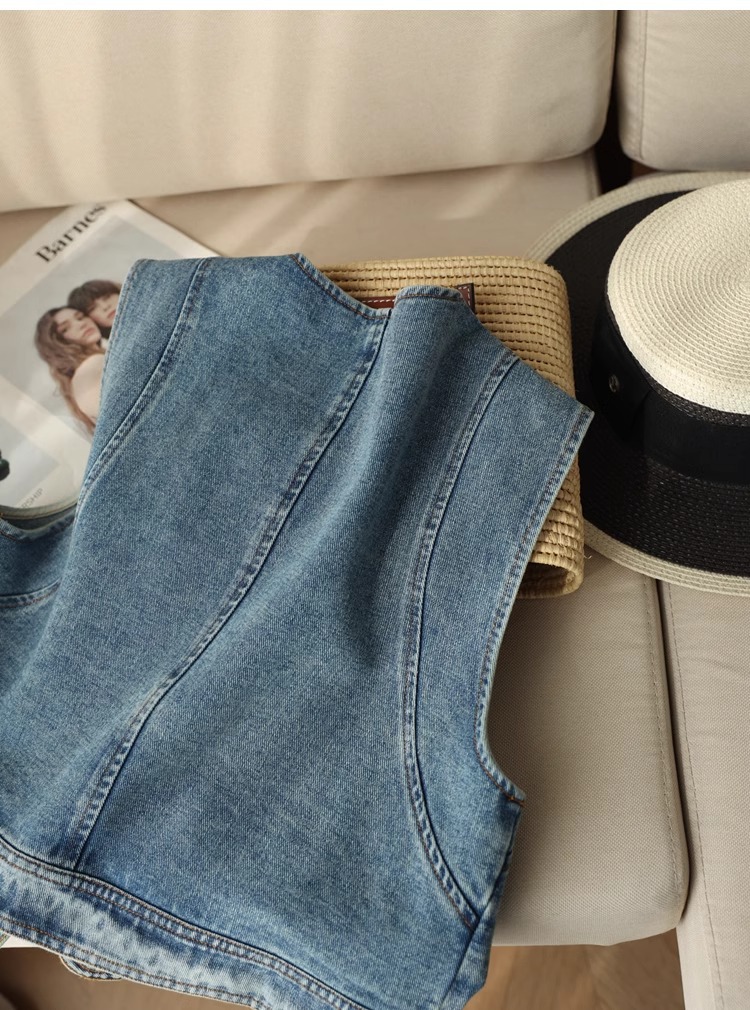 Áo vest denim nữ ngắn tay rộng rãi phong cách thời trang xuân hè — Xanh denim chi tiết 25