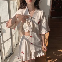 女士短裤短袖睡衣夏甜美带胸垫日系开衫家居服套装夏天薄绉布棉女