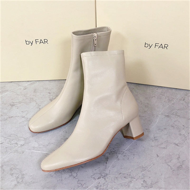 小衆純原by far本革ショートブーツ女性側ファスナー四角い中ヒールブーツフレンチレトロ痩せブーツ