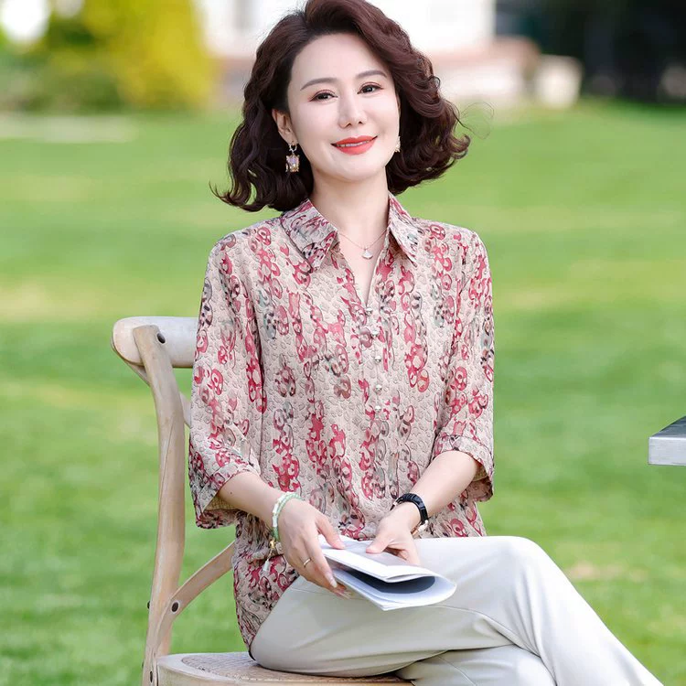 Летняя шифоновая рубашка с цветочным принтом для мамы, модная элегантная летняя футболка с лацканами среднего возраста и пожилых женщин