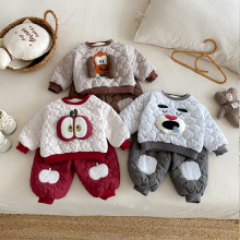 儿童超萌夹棉套装2025新款女童卡通绗线卫衣男童贴布卫裤两件套潮