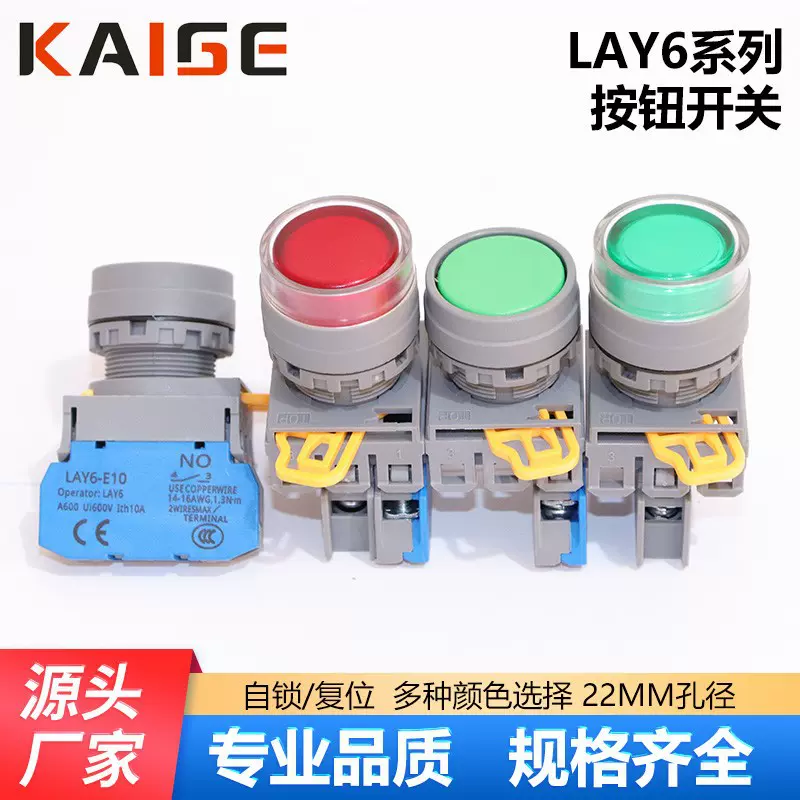 按钮开关无灯带灯LAY6系列平头按压式LED自锁自复位点动启动22mm