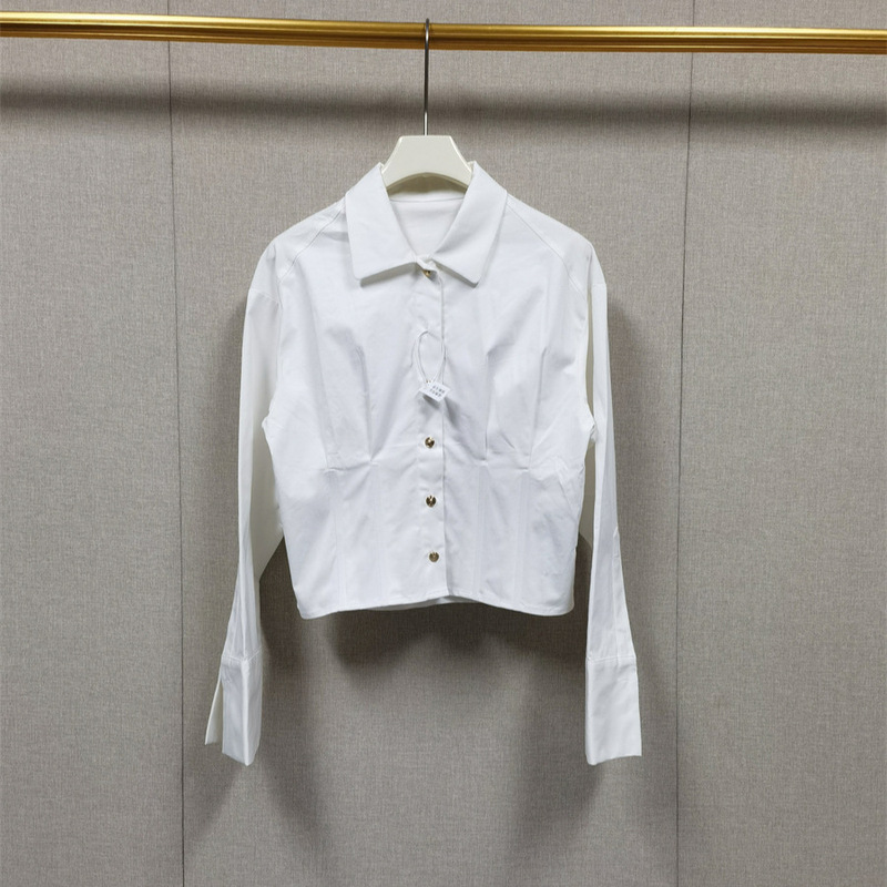 法式小众25秋冬polo领单排扣纯色短款长袖打底修身白衬衫女|undefined