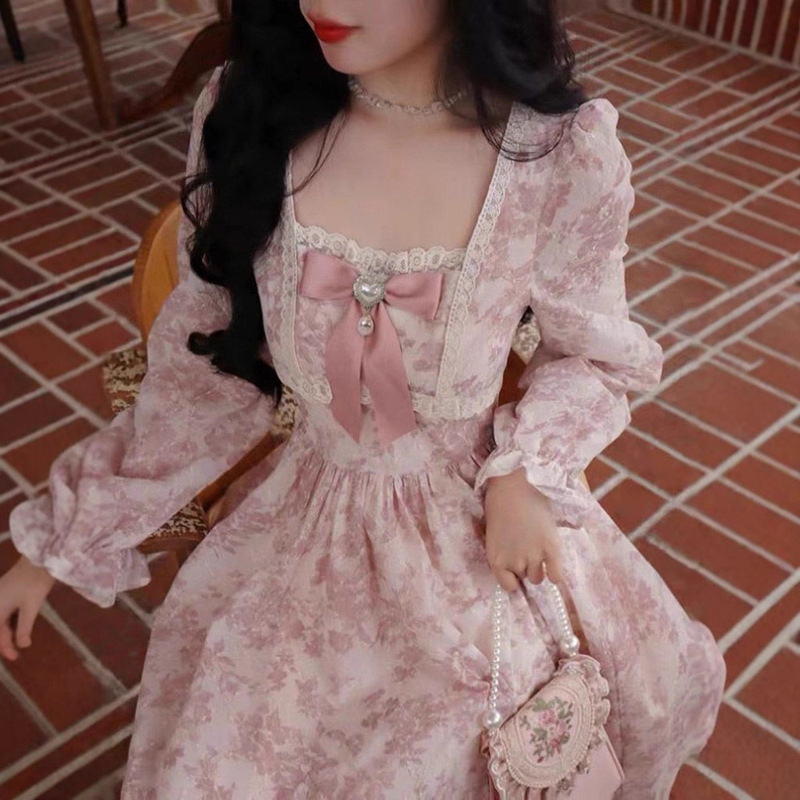 法式甜美碎花长袖连衣裙女秋季高级感气质长裙收腰温柔风仙女裙子|undefined