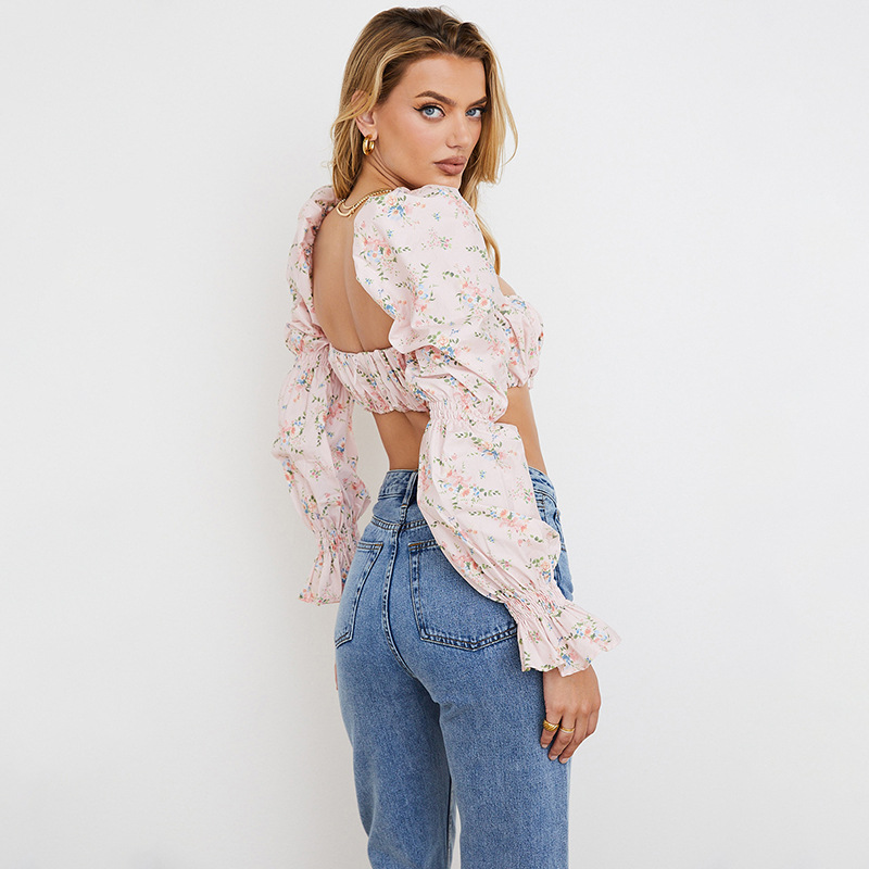 Printed Puff Sleeves Cropped Top NSXE99207