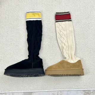 跨境外贸拼色针织美拉德保暖腿袜搭雪地靴设计感堆堆袜麻花高筒靴
