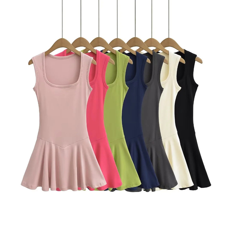 American Style Sweet Sexy Anti-running Light Vest A- line Short Skirt Summer New Deep Square Collar Ballet Style dress