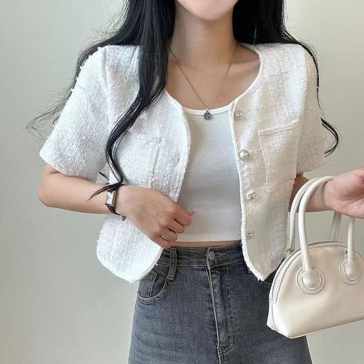 South Korea Chic Spring and Summer French Niche Chanel Pearl Buckle Round Neck Tweed Short-sleeved Cardigan Coat Top Women