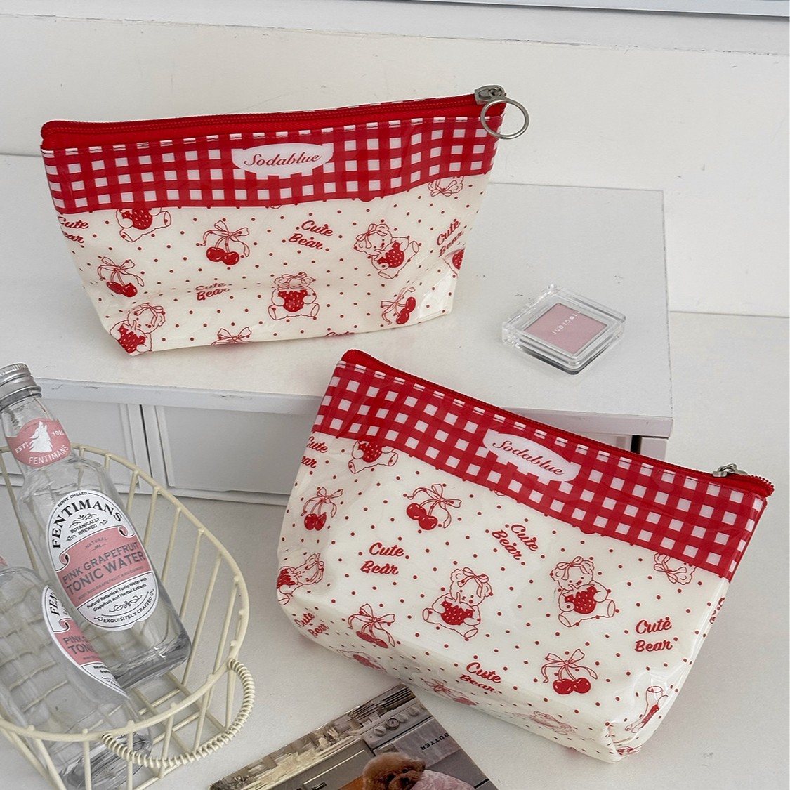 Cherry Red PVC Storage Bag with Cute Cartoon Print, High-Value Waterproof Handbag for Skincare Products, Data Cables, and Miscellaneous Items