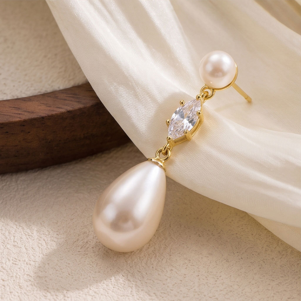 Korean Style Gentle Water Drop Pearl Earrings High-End Marquise Diamond Long Dangle Earrings Simple Temperament Fashion Accessories Wholesale