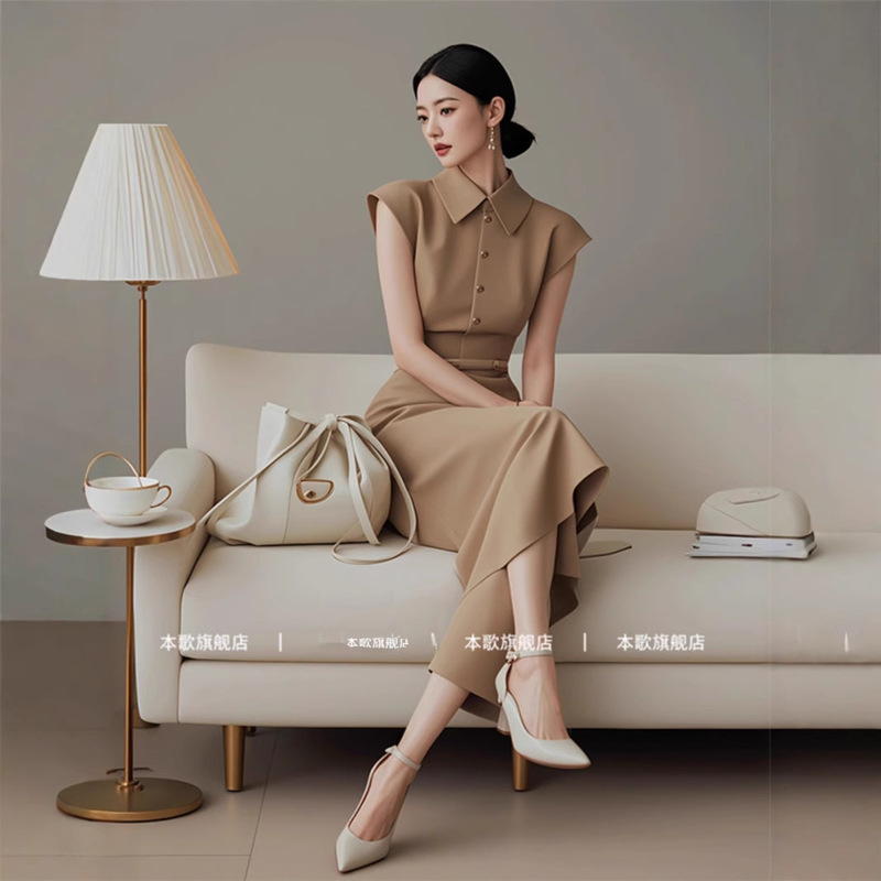 Autumn 8422 Goddess Fan Temperament Long Dress High-end Formal Occasion Dame and Generous khaki dress