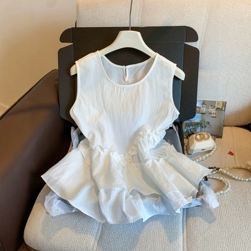 French-Style White Ruffled Sleeveless Shirt for Women, Stylish Summer Outfit, New Irregular Sleeveless Babydoll Top