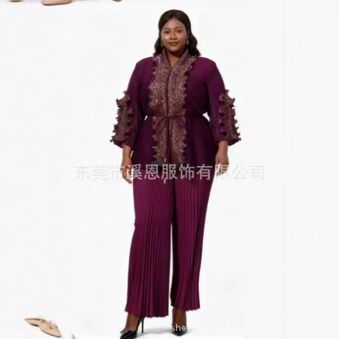 Miyaki Pleated European and American Fashion Gold-Stamped Long-Sleeve Ruffled Loose Straight-Leg Pants Plus-Size Two-Piece Set Cross-Border Non-Retail Miyaki Pleated European and American Fashion Gold-Stamped Long-Sleeve Ruffled Loose Straight-Leg Pants Plus-Size Two-Piece Set Cross-Border Non-Retail