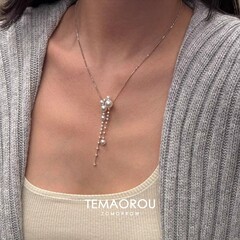 女性用フレンチクールパールとダイヤモンドのロングタッセルネックレス、軽い高級感、マイクロセットのジルコン鎖骨チェーンアクセサリー