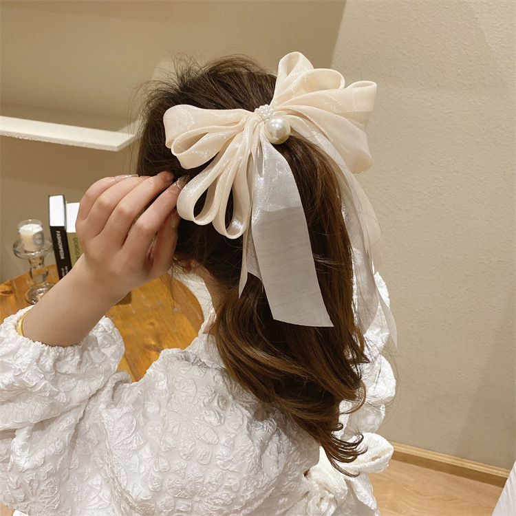Bow Knot Pattern Sweet Bow Knot Cloth Organza Inlay Artificial Pearls Hair Clip 1 Piece