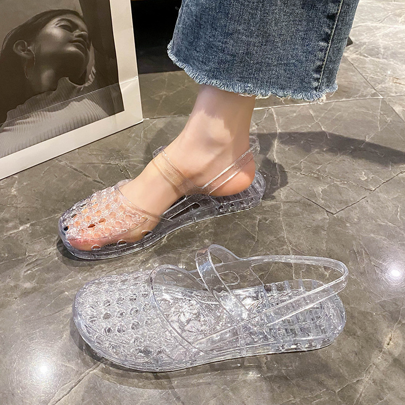 Retro Transparent Crystal Shoes for Women, Versatile for Summer Outings, Hollow Breathable Non-Slip Wear-Resistant Thick-Soled Sandals, Jelly Shoes