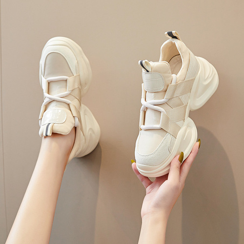Genuine leather dad shoes for women Korean version 2024 spring and autumn new black thick sole inner heightening ins internet celebrity versatile sports shoes