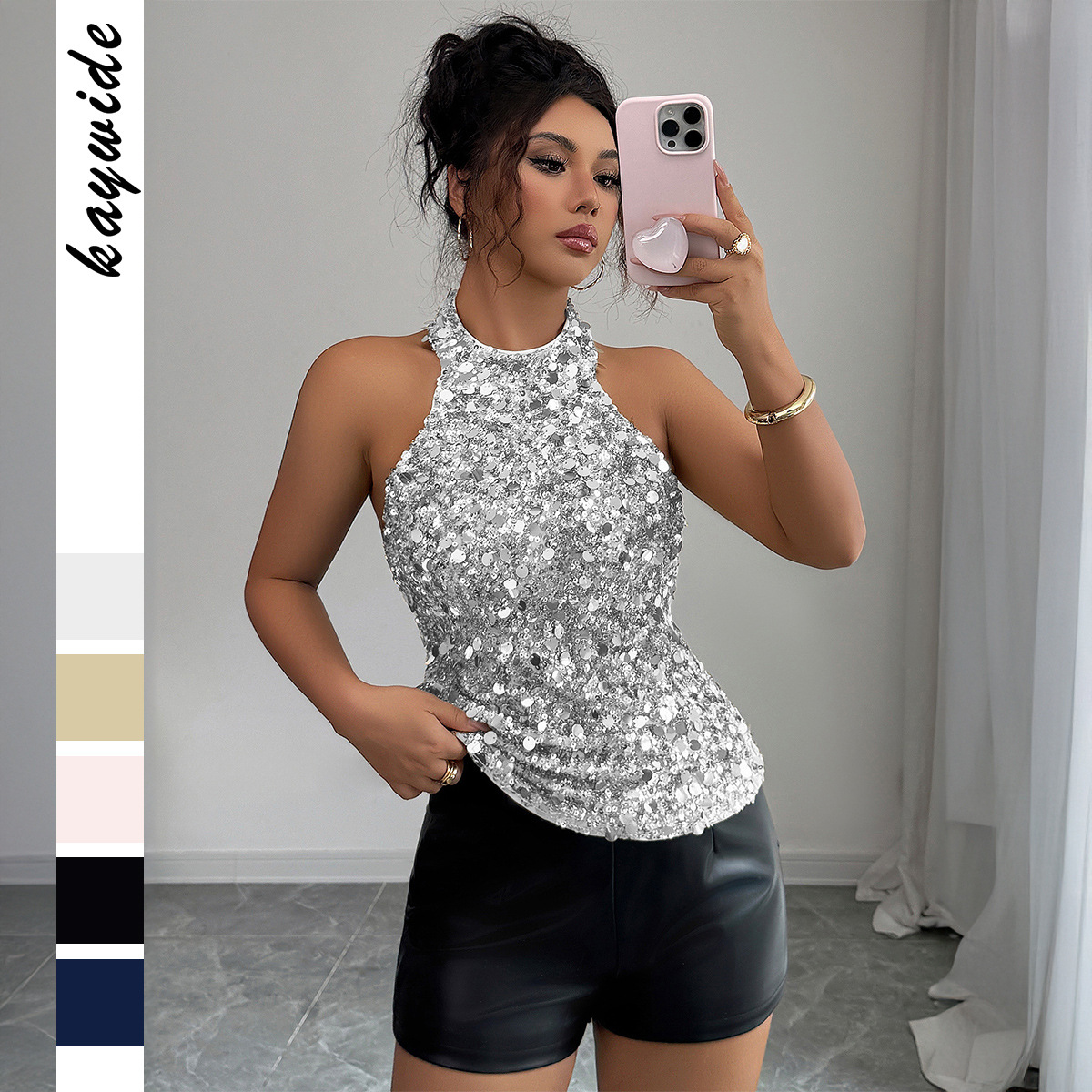 Elegant Sequined Halter Neck T-Shirt Camisole For Women High End Fashion Fall Winter_ecoleips.com
