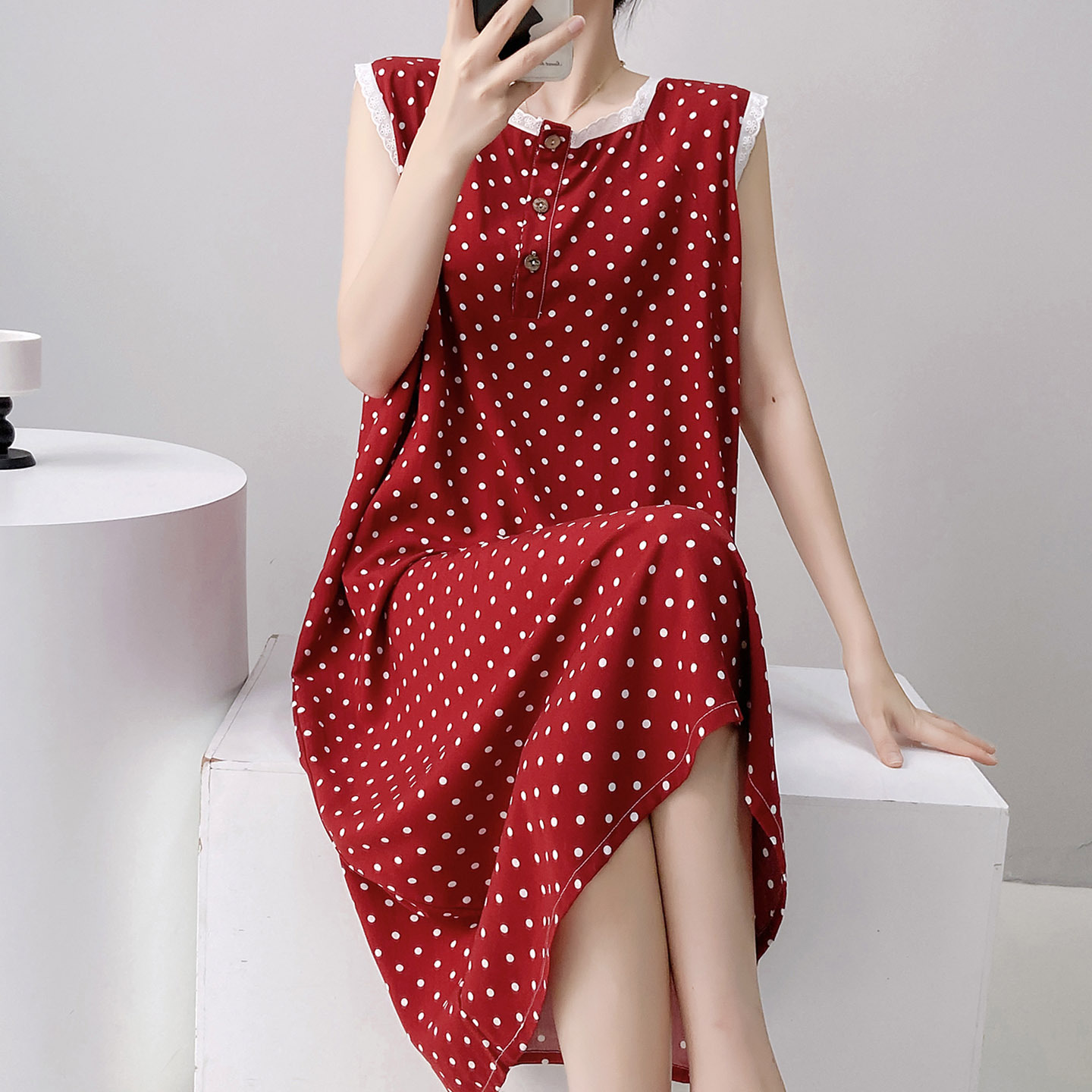 Ethnic Style Vest Women's Nightgown Summer Thin Cotton Silk Loose Artificial Cotton Home Clothes Casual Suit Thin Mid-Skirt