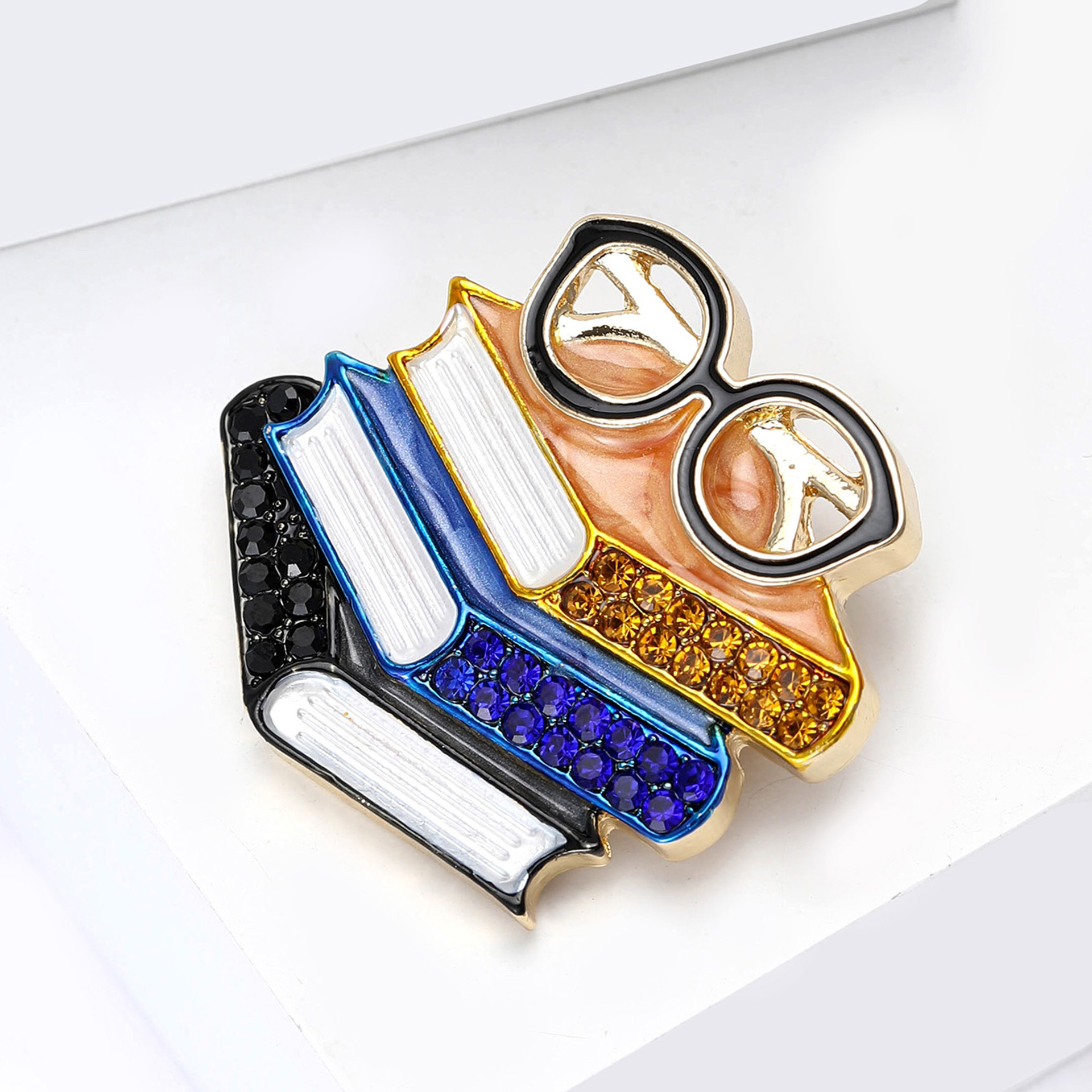 European and American New Enamel Rhinestone Three-Book Glasses-Shaped Brooch Exquisite Men's and Women's Clothing Corsage Jewelry Pin